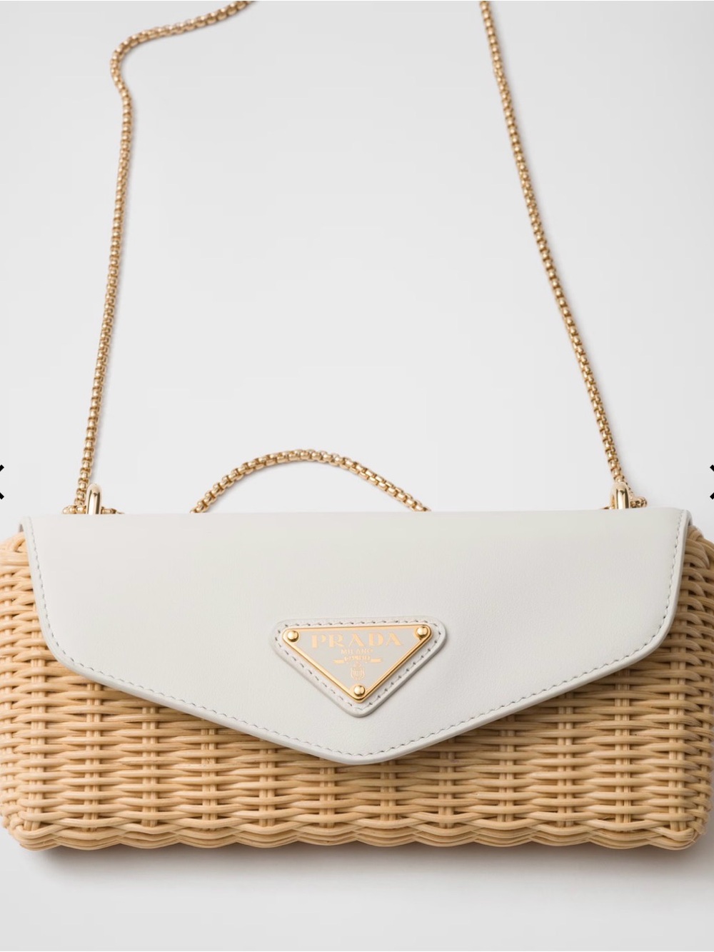 Prada White Leather & Natural Wicker Crossbody with Gold Chain